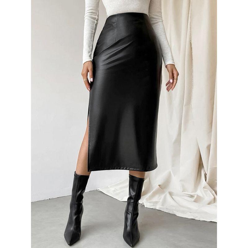Fashion Matte Black Leather Sexy Skirt PU Leather Skirt Fall and Winter New Arrival Midi Dress for Women