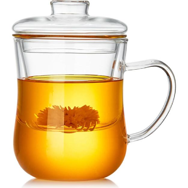 Glass Tea Cup with Infuser and Lid 14OZ/400ML, Heat Resistance Borosilicate Glass, Tea Infuser Mug, Teacups for Blooming and Loose Leaf Tea, Milk,
