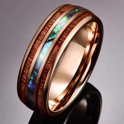 8mm Men Rose Gold Color Stainless Steel Rings Inlay Hawaiian Koa Wood and Abalone Shell Rings For Men Wedding Jewelry