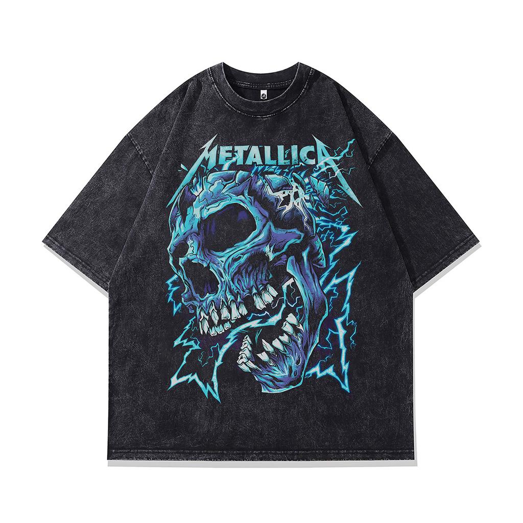 T-shirt Oversize à Manches Courtes Lavé Vieux Imprimé Crâne Tendance Sombre Marque Européenne Et Américaine Tee Mi-Manches Hommes Et Femmes