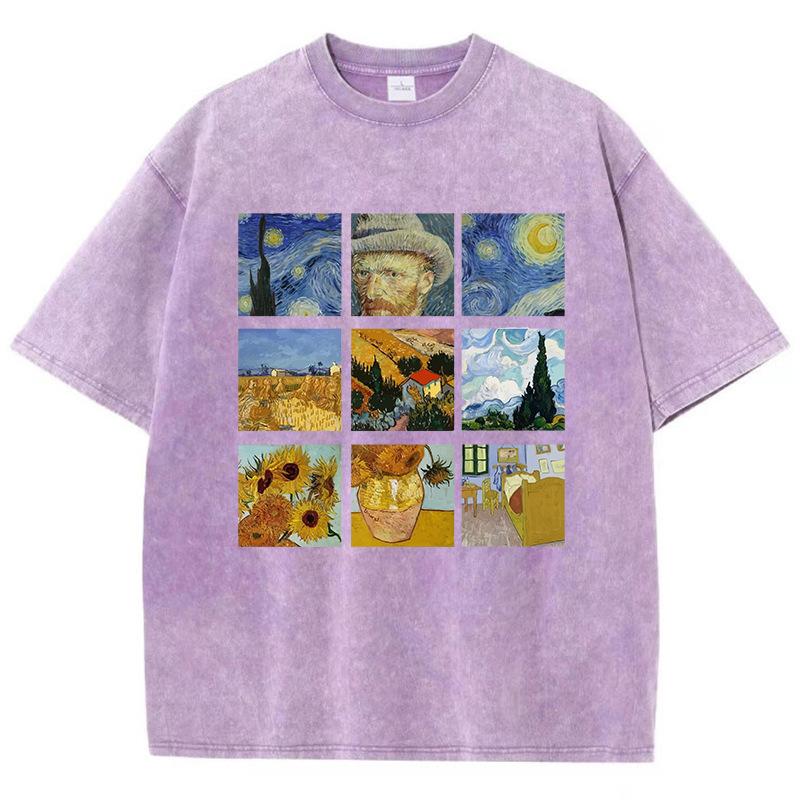 Cotton Women Washed T-Shirts Van Gogh'S Starry Night And Sun