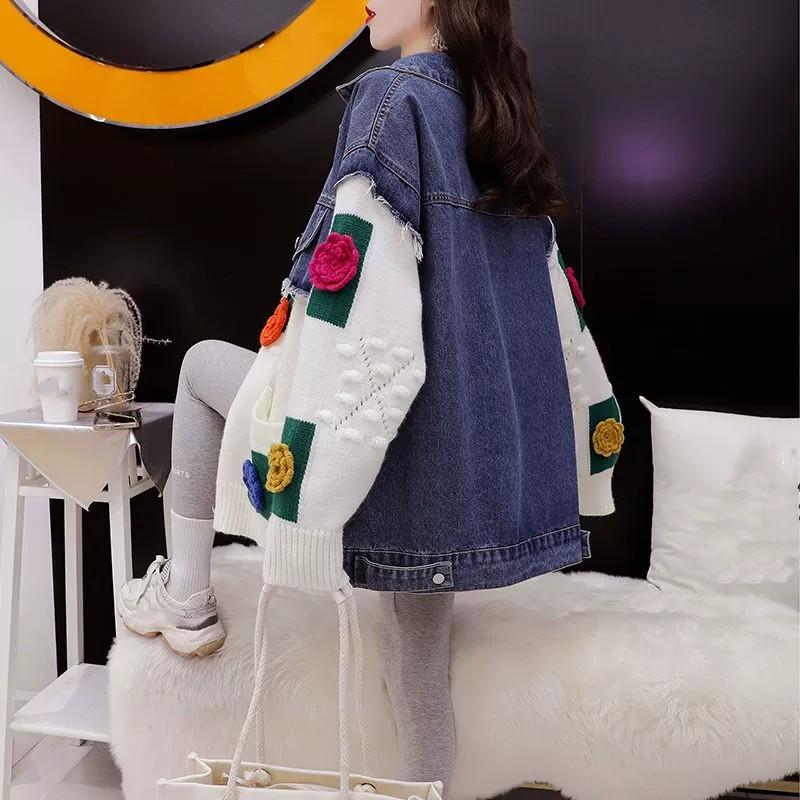 Women's Spring Loose Splicing Denim Jacket Fall Temperament Casual Comfortable Tops