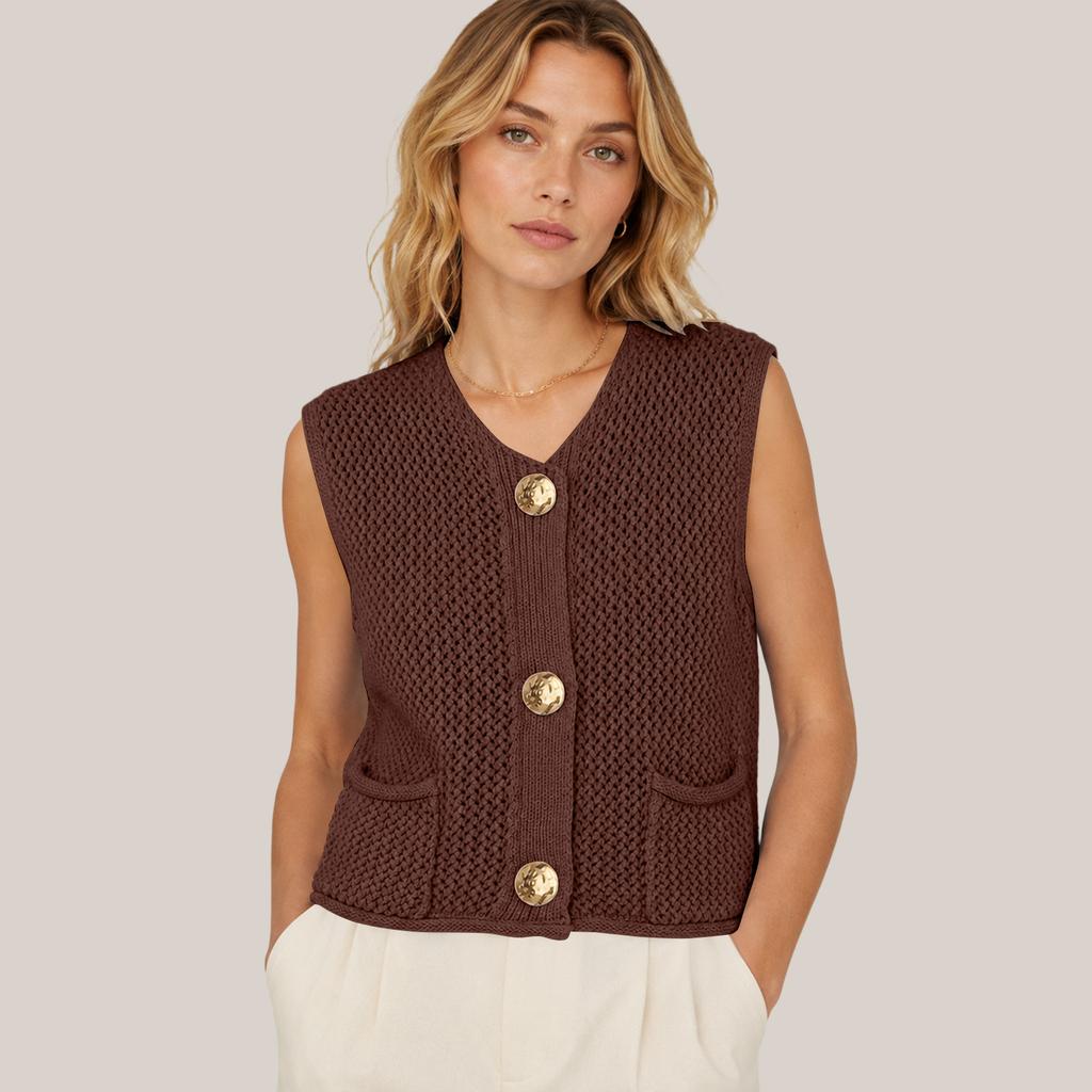 Damen V-Ausschnitt Ärmellose Strickweste mit Taschen Drei-Knopf Cardigan