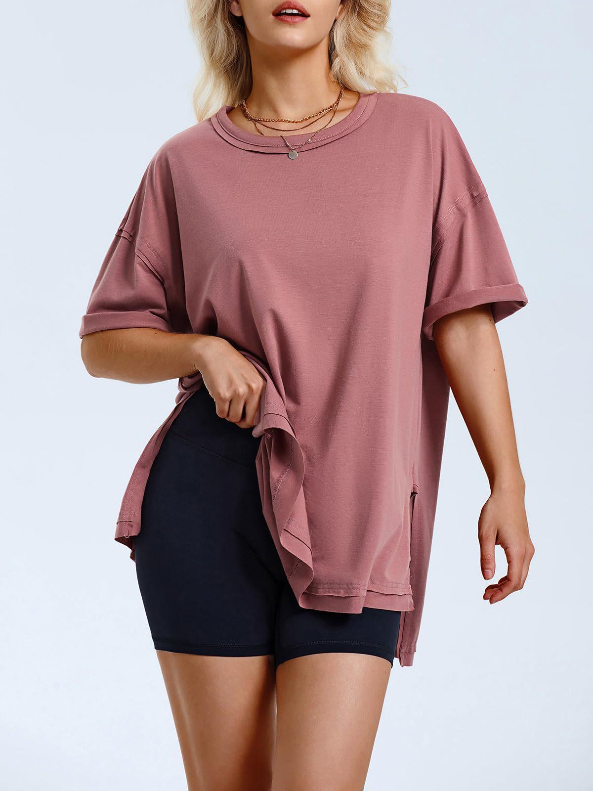 

Summer Women s Solid Color Cotton Round Neck Loose T-shirt with Side Slits XXL рожевий