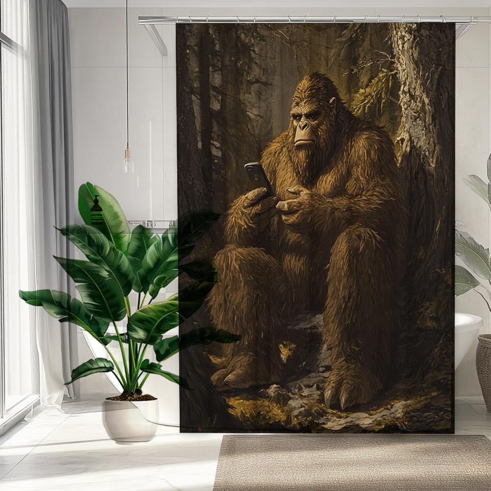 

Unique Forest Bigfoot With Smartphone Waterproof Shower Curtain For Modern Bathroom Decor, Stylish And Durable W60H190(CM)-1 Pcs