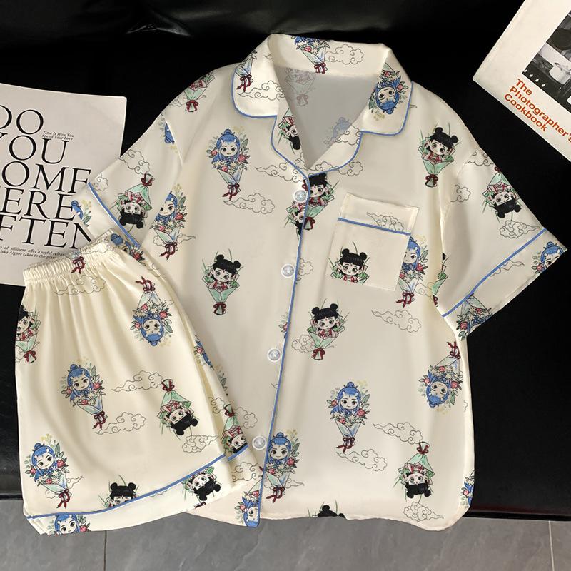 Popular Fresh Ice Silk Pajamas Women'S Summer Cute Girl Short-Sleeved Suit Silk Loungewear
