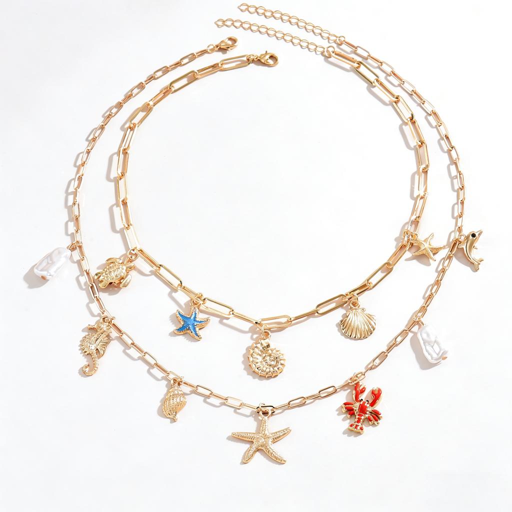 Boho Layered Ocean Charm Necklace Set Paperclip Chain Starfish Shell Seahorse Lobster Faux Pearl Summer Beach Jewelry for Women