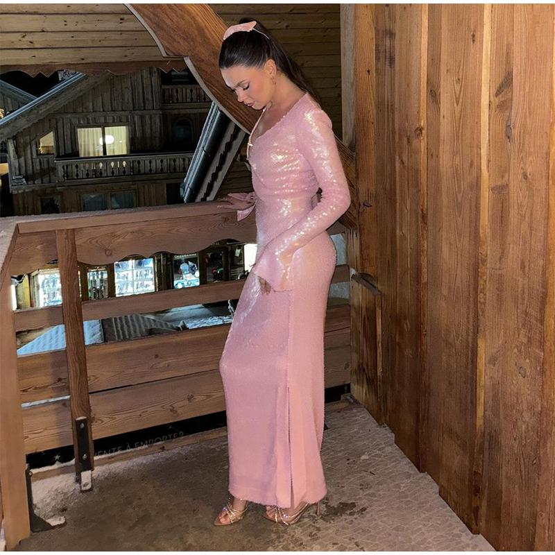 Дамское женское сексуальное длинное сетчатое платье с пайетками и разрезом по талии — фото 11