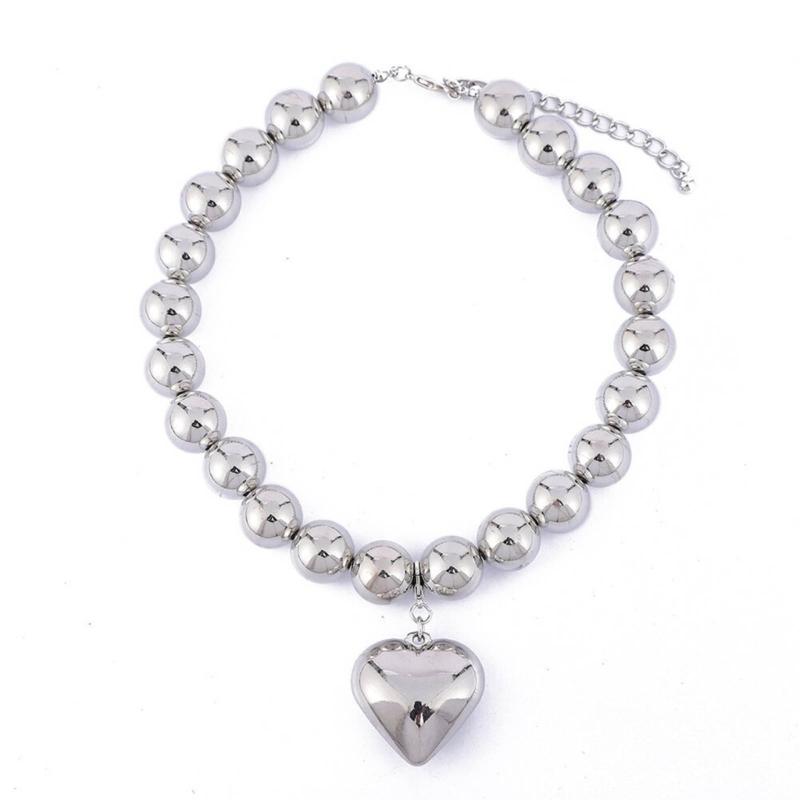 

Big CCB Ball Beaded Chain and Heart Pendant Necklace for Women Trend Choker Collar on the Neck Jewelry for Daily Wear