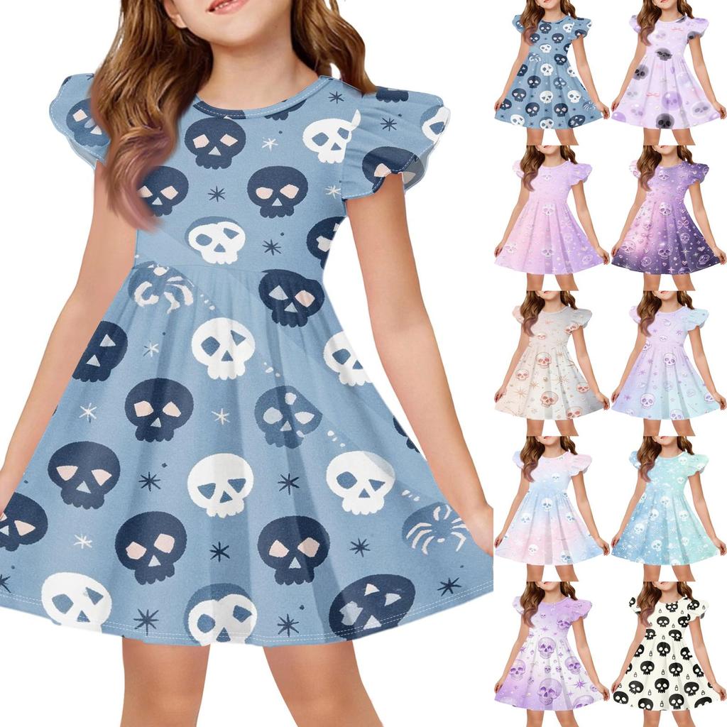 Kids Casual Halloween Printed Sleeve Dress for Party and Holiday
