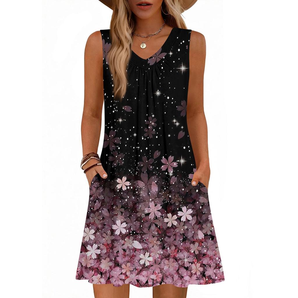 Women's Fashion Printed Summer Sleeveless V-neck Tank Top Pocket Casual Loose Dress