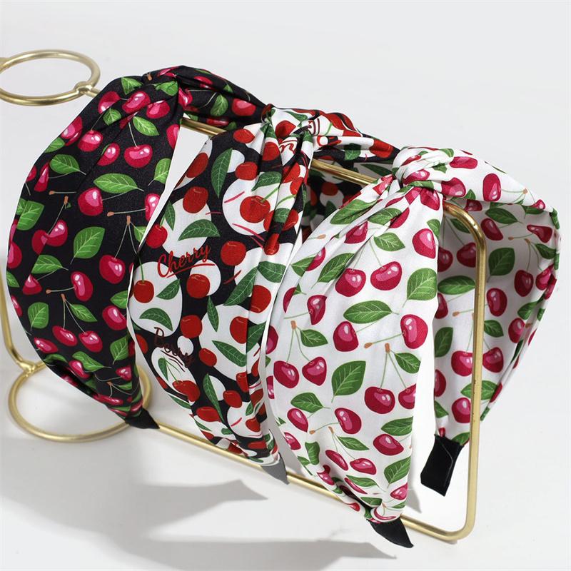 Beautiful Cherry Strawberry Print Hairbands with Center Cross Knot for Women's And Girls Casual Shopping Hair Hoop Accessory
