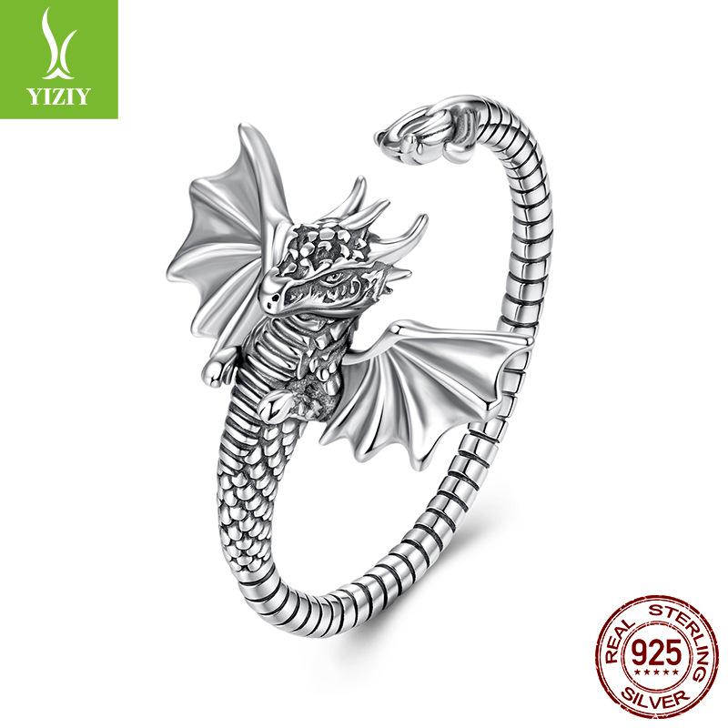 S925 Sterling Silver Feilong Open Ring, Retro Three-Dimensional National Tide Style Adjustable Ring Jewelry