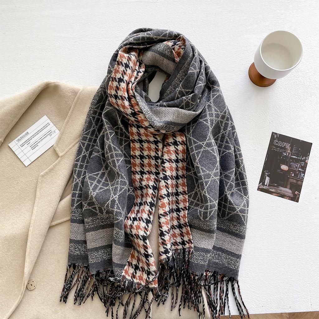 Autumn and winter new geometric thousand bird grid double-sided imitation cashmere scarf women's thickened warm shawl travel photo scarf