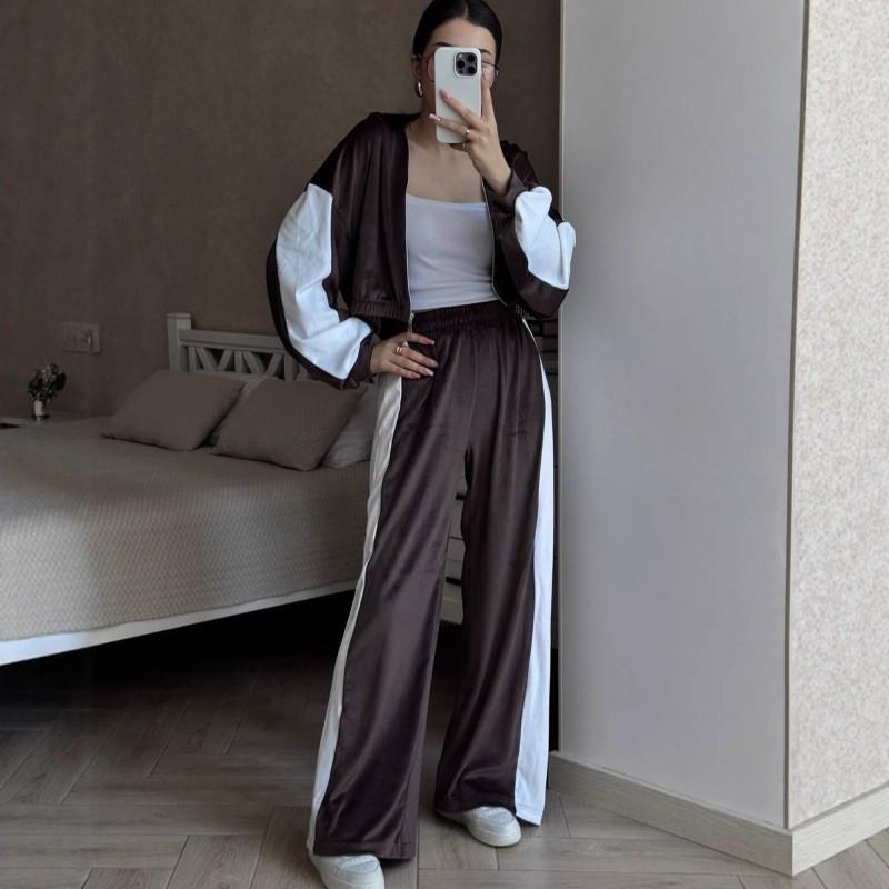 Women's Casual Suit Fashion Sports Color Matching Long-sleeved Zipper Cardigan Contrast Top Trousers