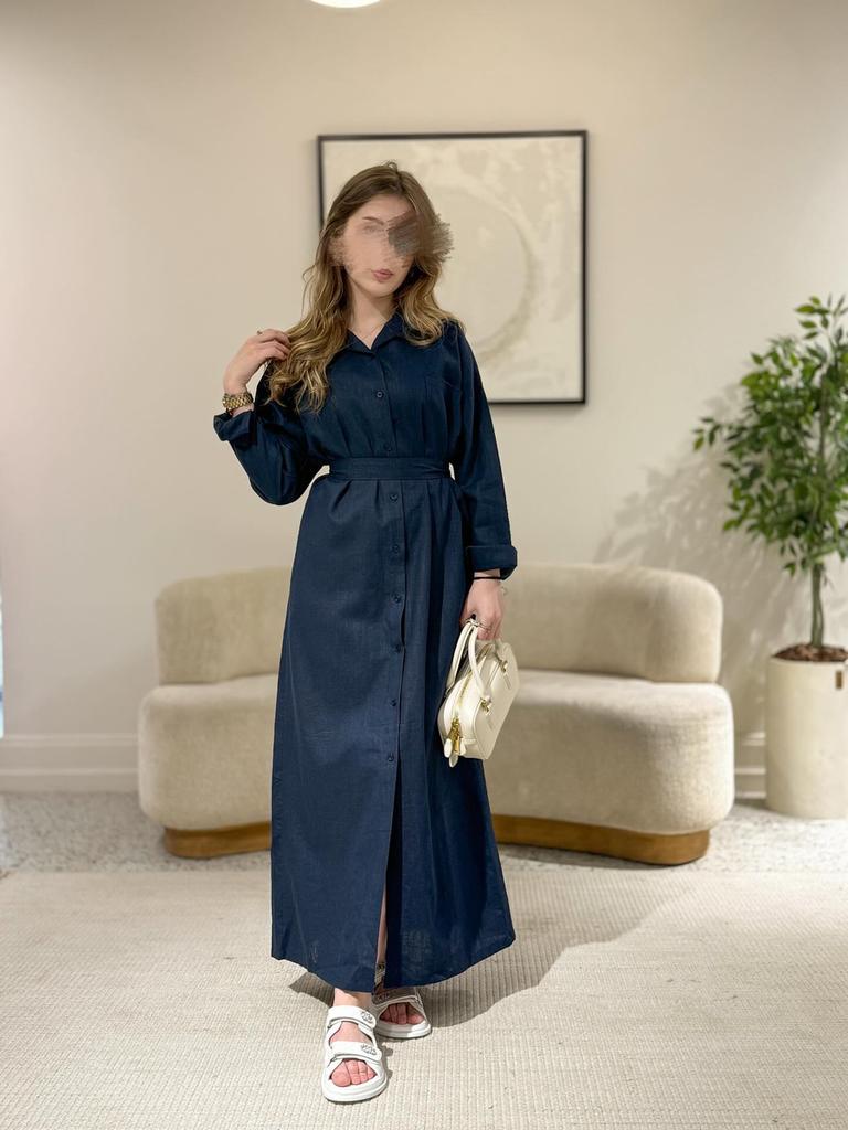 New Autumn/Fall Ins Style Loose Women's Pocket Casual Stand Collar One-Button Cotton Linen Dress