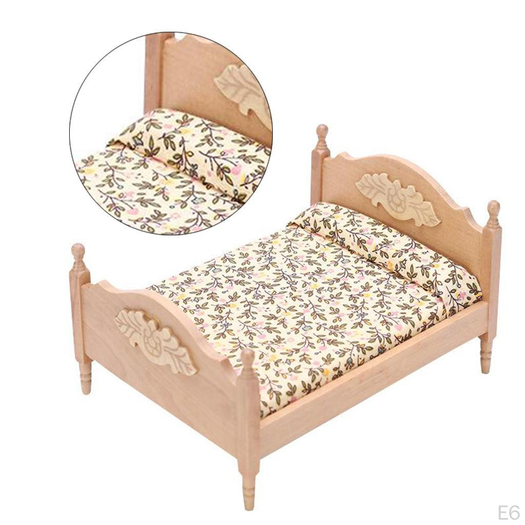Miniature Birch Wood Upholstered Double Bed And Bedroom Accessories Furniture 1:12 Scale Doll House