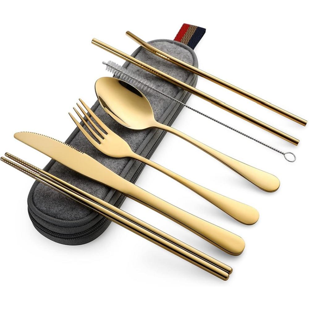 Tableware Reusable Travel Cutlery Set Camp Utensils Set with Stainless Steel Spoon Fork Chopsticks Straw Portable Case