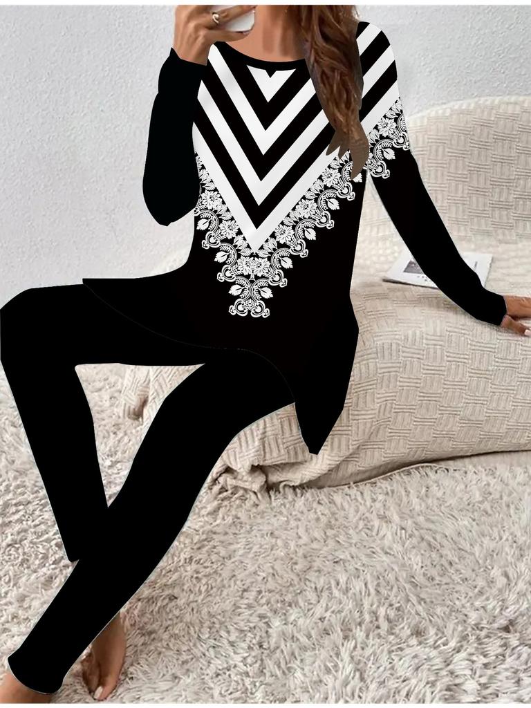 Moda Euroamerykańska Damski Zestaw Dwuczęściowy Koszulka z Długim Rękawem Czterosezonowa z Nadrukiem Geometrii 3D + Długie Spodnie. Idealny prezent na Nowy Rok i Boże Narodzenie