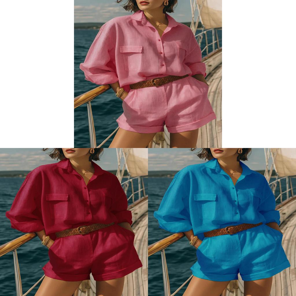 Set Casual da Donna in Cotone e Lino a Maniche Corte con Pantaloncini per Estate e Primavera