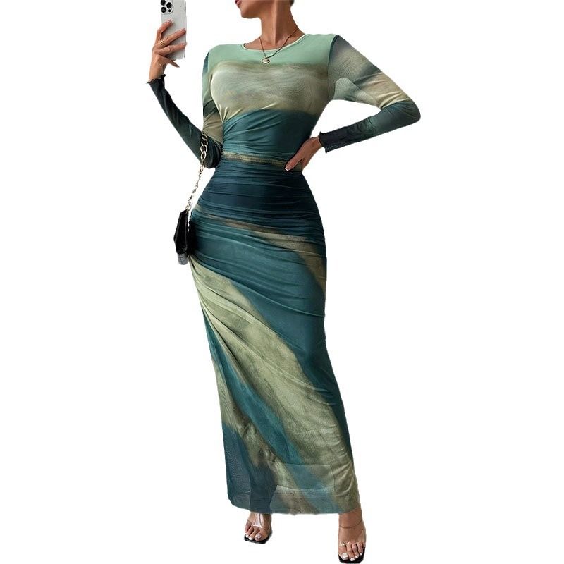 Pleated Round Neck Dress Fancy Women's Tie-Dye Ruched Silm round-Neck Long-Sleeved Dress