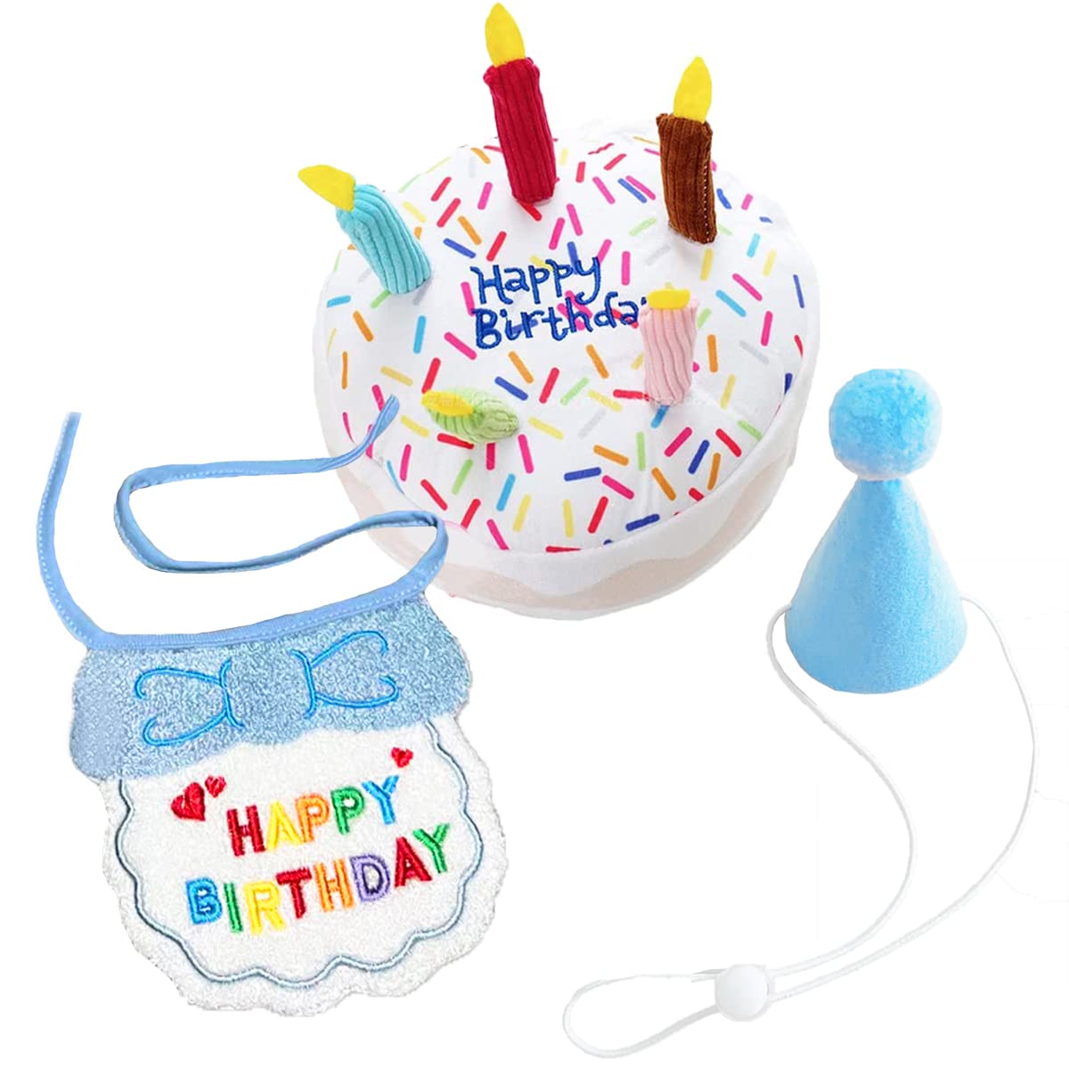 

Набор игрушек на день рождения для собак и плюшевая жевательная пищалка для собак и слюнявчик для питомцев 3 предмета Игрушка для кошек, Игрушка, Торт, Шляпа, синий