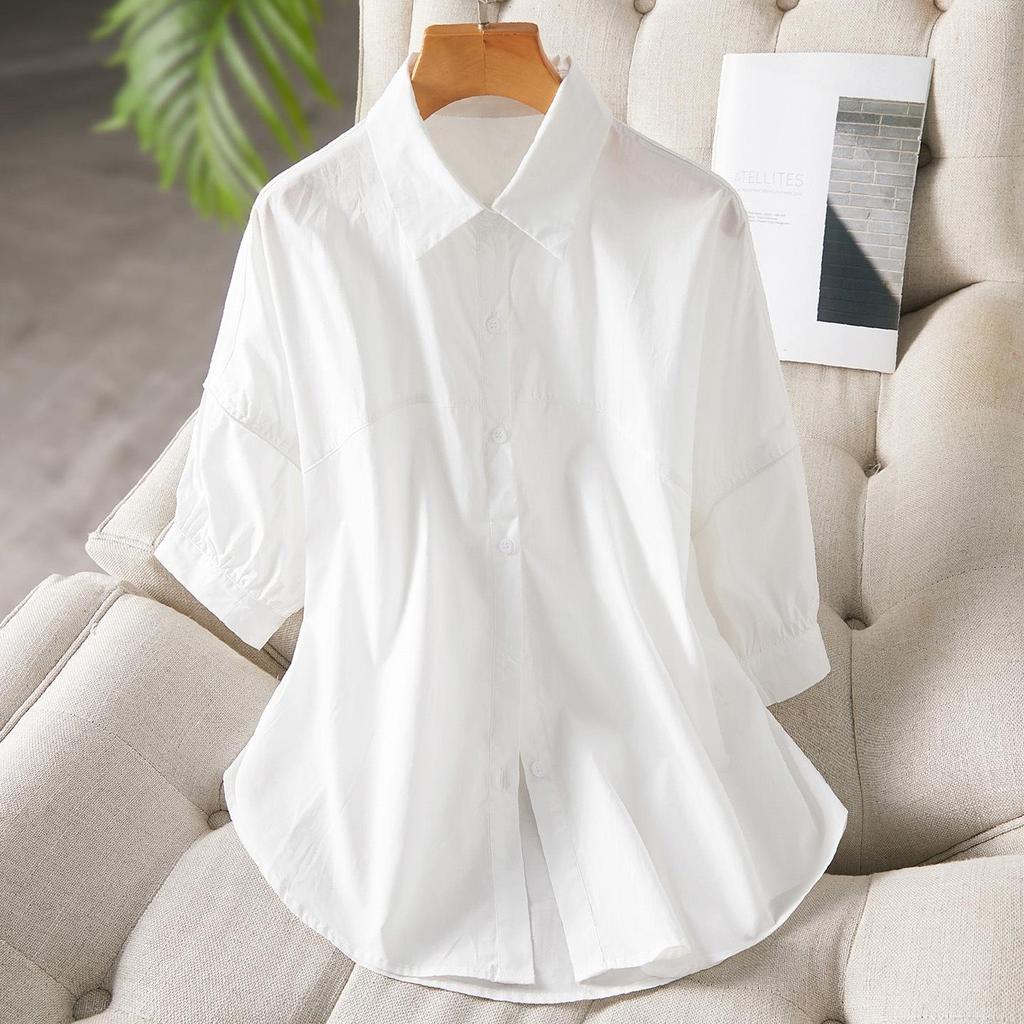 Women's Mid-Sleeve Blue Cotton Shirt - Summer 2025 Loose Slimming Casual Top