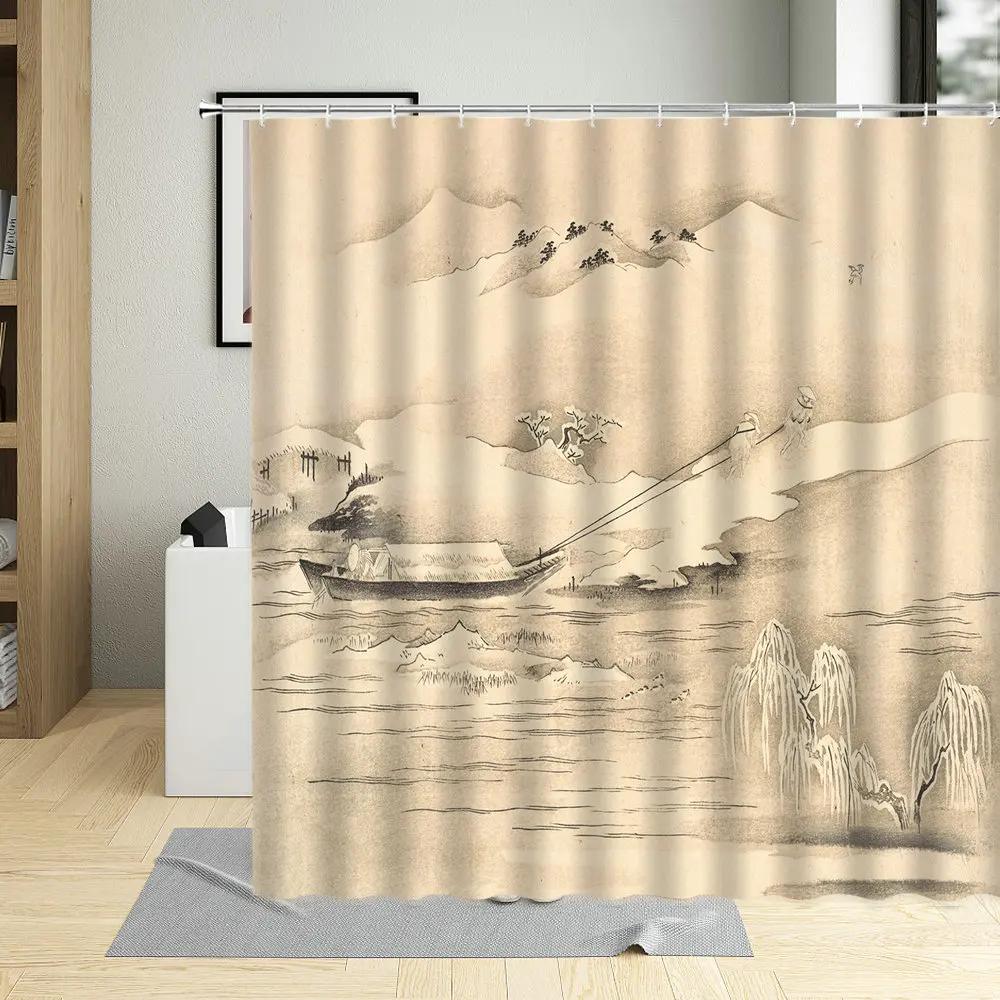 Chinese Style Shower Curtain Ink Painting Mountain Bird Flower Plant Bamboo Scenery Bathroom Hanging Curtain Set Polyester Cloth
