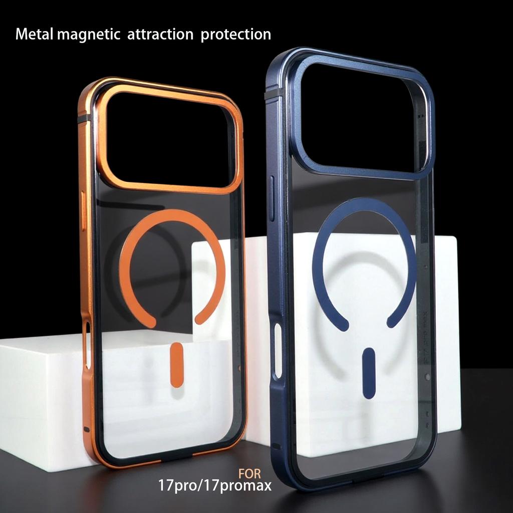 For IPhone 17 Pro High-End Metal Frame Phone Case, 17 Promax Magsafe Magnetic Charging HD Backplate Phone Protection Cases
