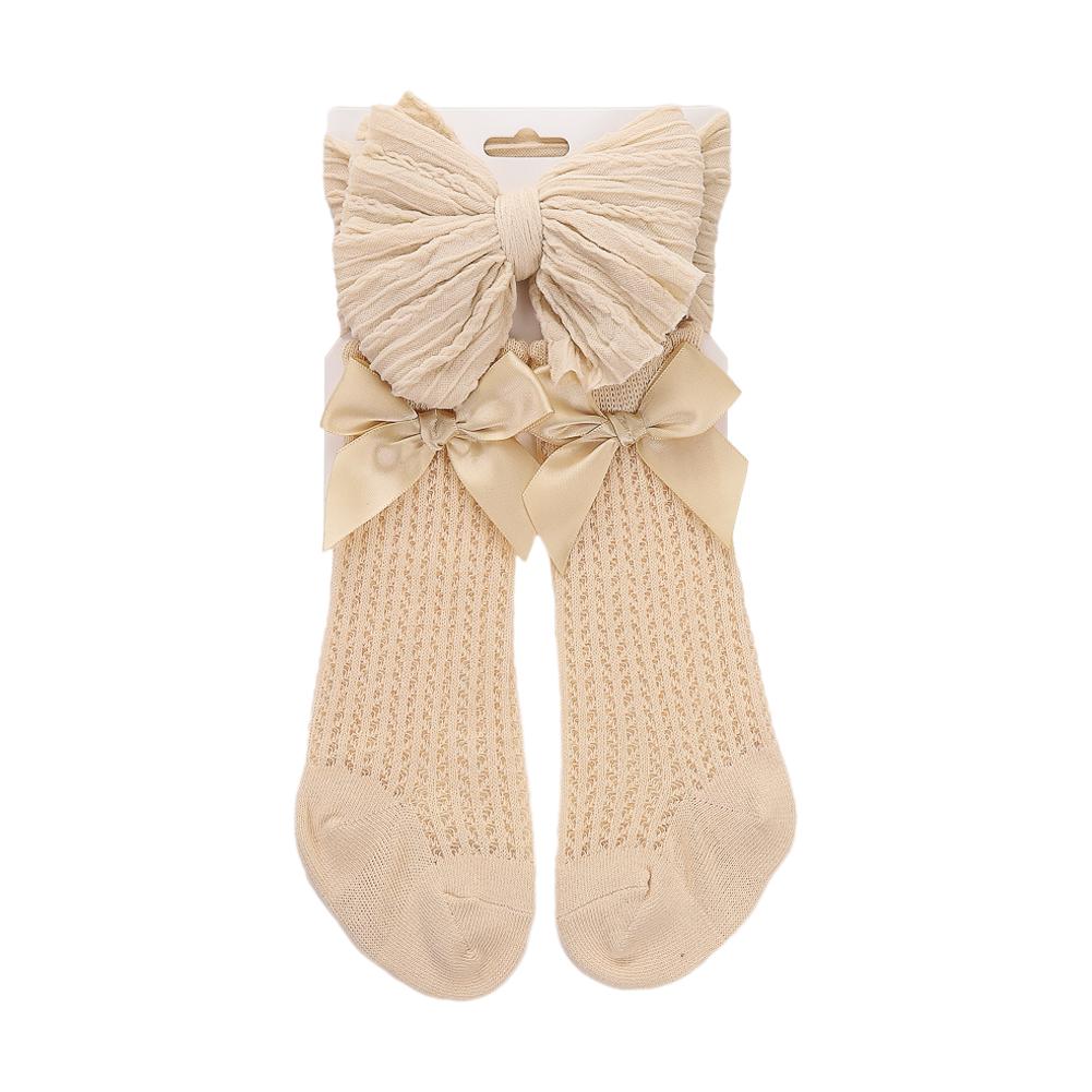 

3 шт./набор Детские вязаные косичкой нейлоновые повязки с бантами и носки с кружевной перфорацией 0-12M