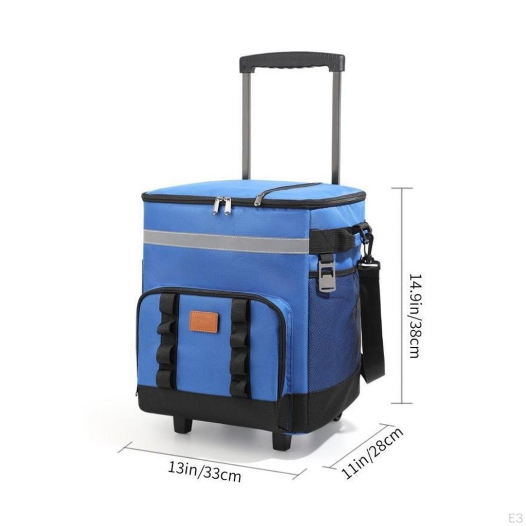 Insulated Lunch Chilled Bag Zippered Trolley Reflective Stripe Portable Ice Chest Black