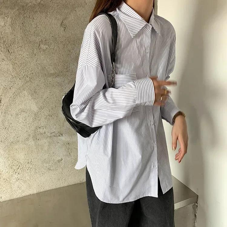 WTEMPO Office Ladies Spring Fall Striped Bottoming Long Sleeve Shirts Women Large Size Butttons Turn-down Collar Casual Shirts