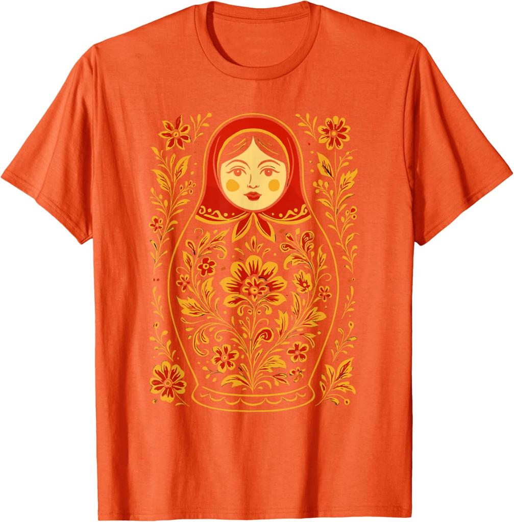 Matryoshka Doll Floral Print Graphic Tee Russian Nesting Folk Art Casual Cotton T-Shirt