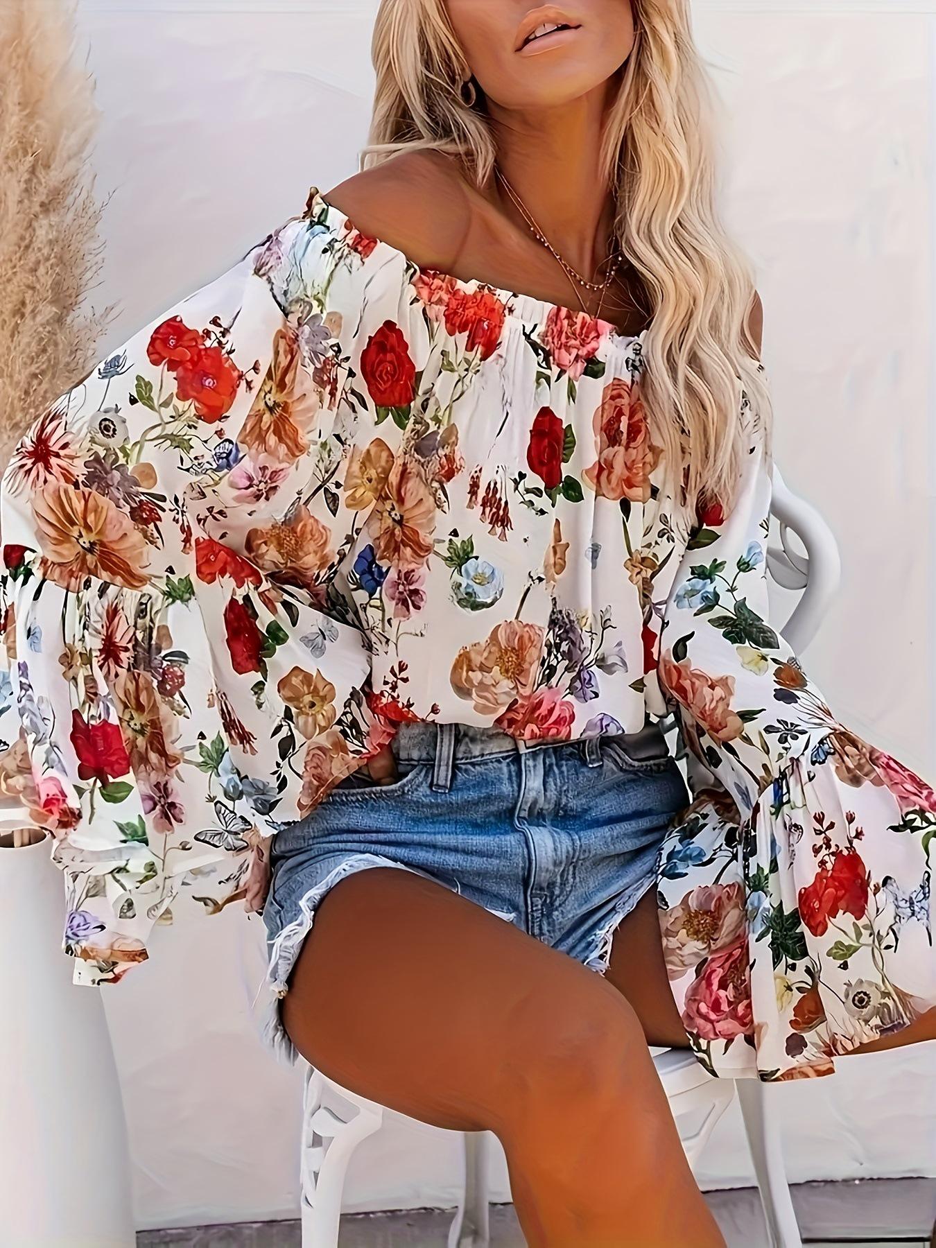 

Spring/Summer Floral Off-the-Shoulder Bell Sleeve Top XXL цветочный