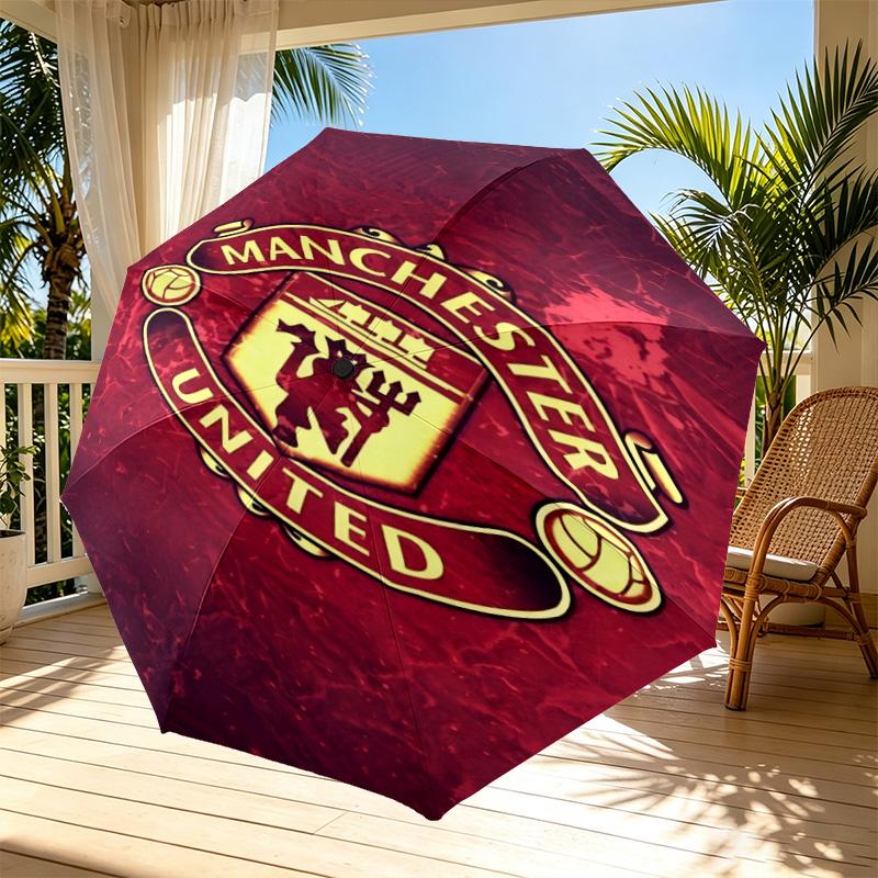 Manchester Football Print Automatic Open Close Umbrella, Portable Foldable Umbrella, for Outdoor Commute Camping Trip, Ideal Birthday Gift
