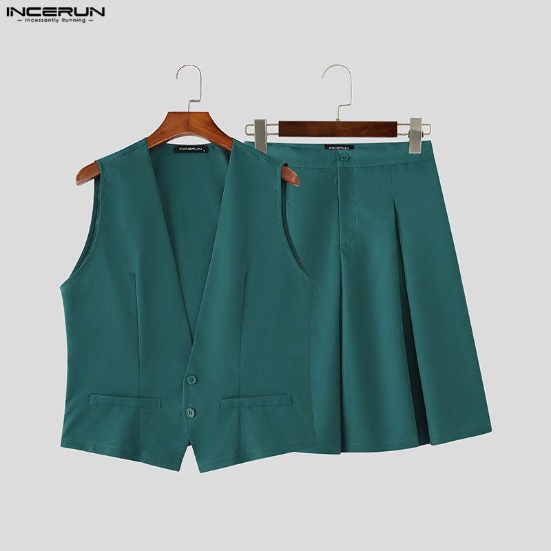 INCERUN Two Pieces Men V Neck Thin Sleeveless Vest and Pleated Shorts Clothing Sets