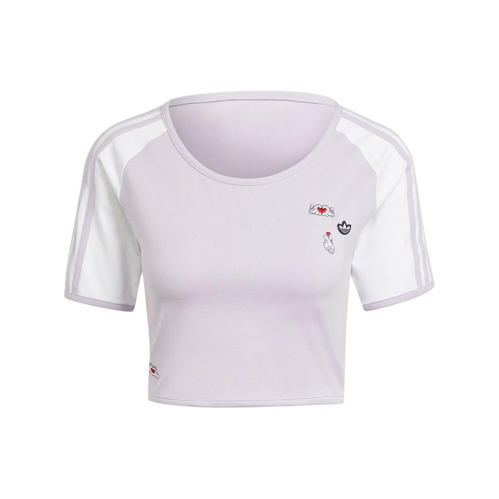 Adidas Originals X Mickey Mouse Embroidered Logo Contrast Stripe Sports Crop Top Women Tops Silver IY2269