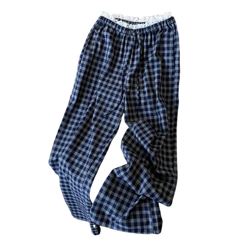Lace Lace Waist Plaid Pants Casual Summer Lazy Slack Wide Legs High Waist Thin Drape Straight Pants