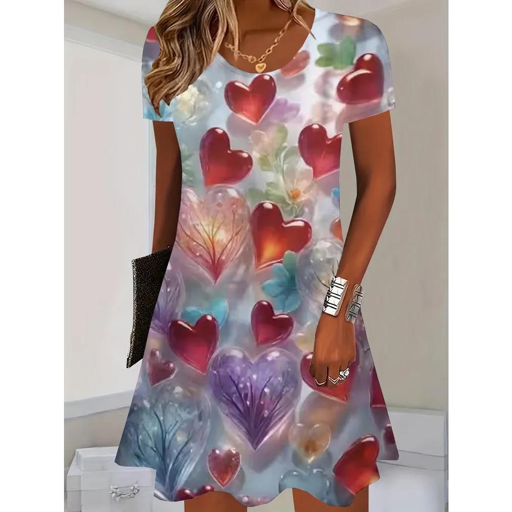 Summer Round Neck Short Sleeved Dress Colorful Heart-shaped Water Droplet Print Fashionable Comfortable Breathable Vacation Casual Women's Mini Dress