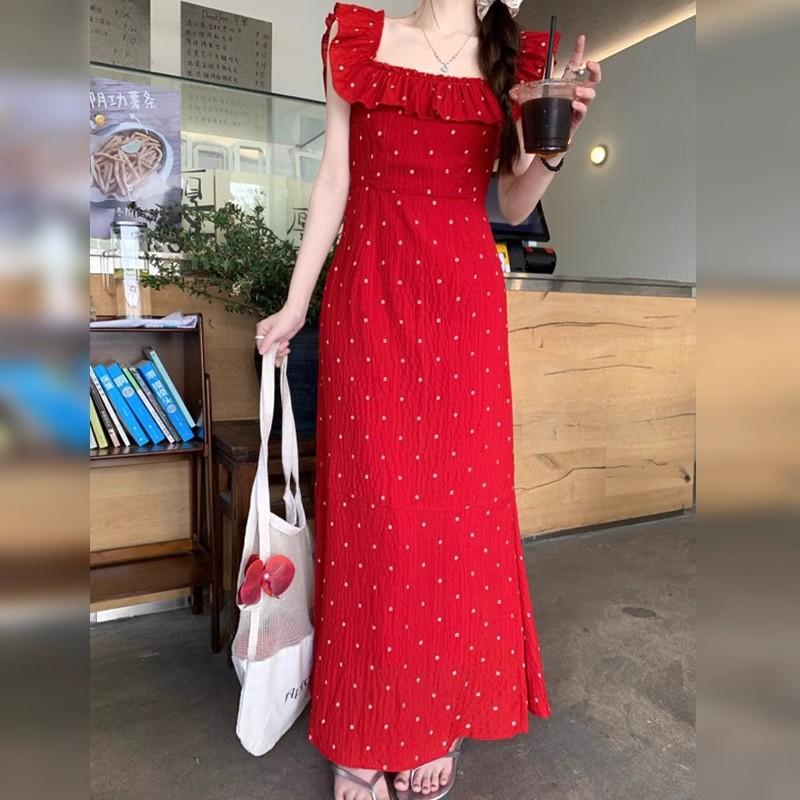 Xiaofei sleeve French polka dot red suspender dress children's summer new seaside vacation beautiful long dress