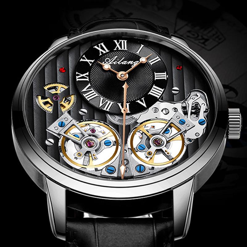 AILANG Orologi da Uomo Nero Doppio Tourbillon Cinturino in Pelle Orologi Meccanici Automatici Tourbillon Volante Impermeabile