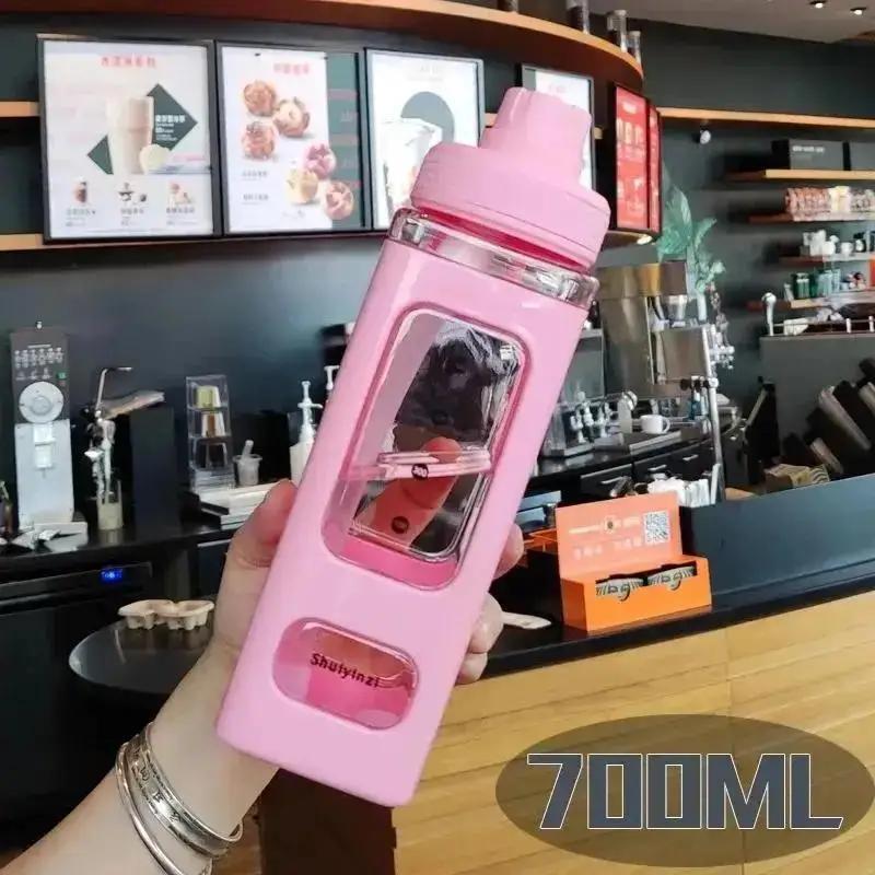 

New Student Juice Tea Water Cups 700/900ml Summer Water Bottle With Straw Clear Scale Plastic Portable School Drinking Bottle Pink 700ML