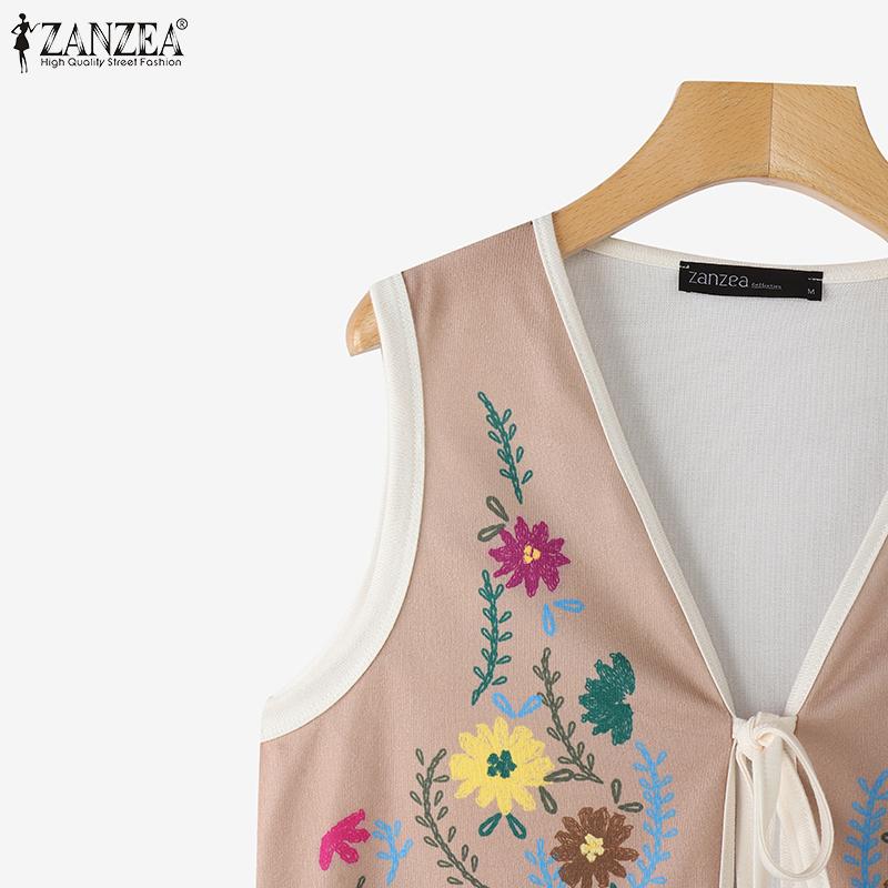 ZANZEA Women Casual Lace Up V-Neck Sleeveless Floral Print Cardigan Vest