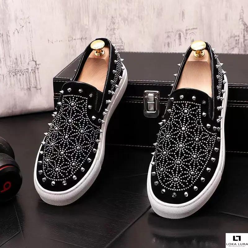 2025 New Men Tide Leather Casual Shoes Fashion Luxury Embroidery Twinkling Rhinestone Flat Shoes Leisure Sneakers Loafers
