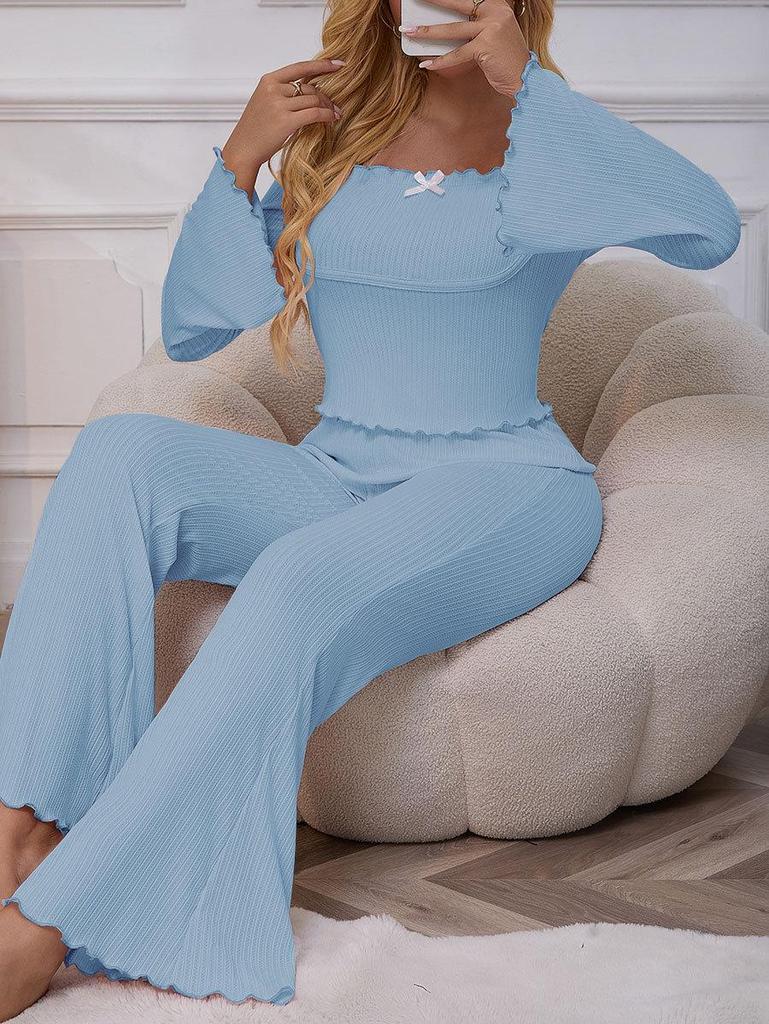 Women's Bell Sleeve Pajama Set: Sexy & Simple Long Sleeve Top with Bow and Long Pants
