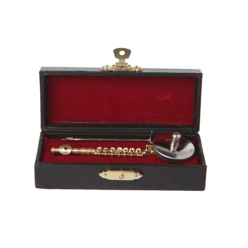 1:12 Trumpet Miniature Musical Instrument w// Case Stand Goldtone Gift Dollhouse