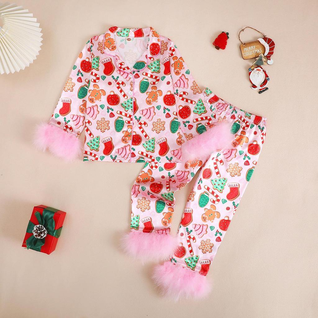 Kids' Christmas Bow Pajama Set - Casual Long Sleeve with Frayed Edges