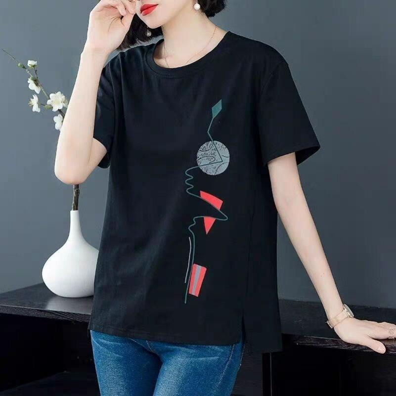 Short-sleeved T-shirt Women's Women's Summer Loose Large Size Fat Mm Literary Printing T-shirt Trend