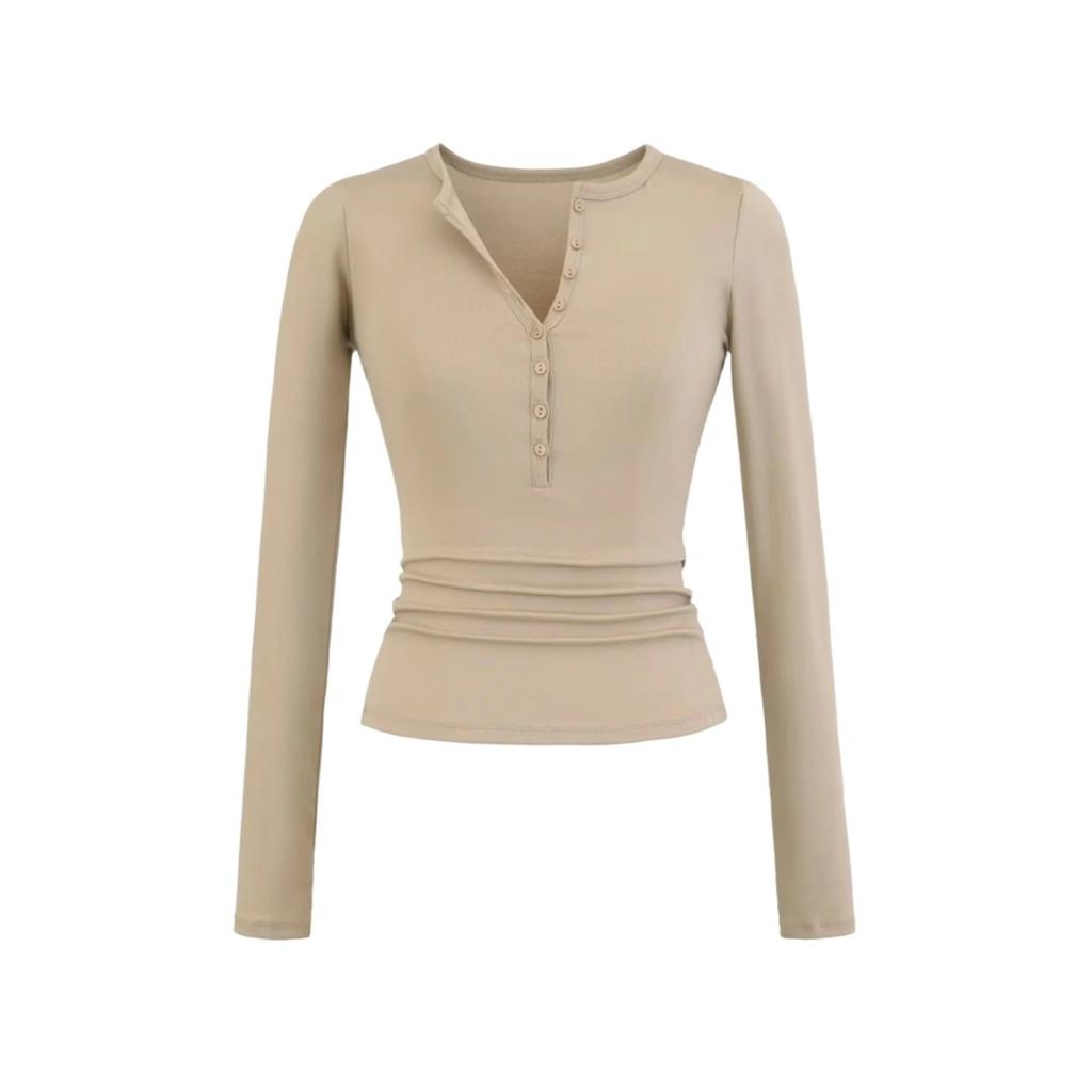 Women's V Neck Button Long Sleeve Slim Fit Top Stretch Solid Color Basic Tee