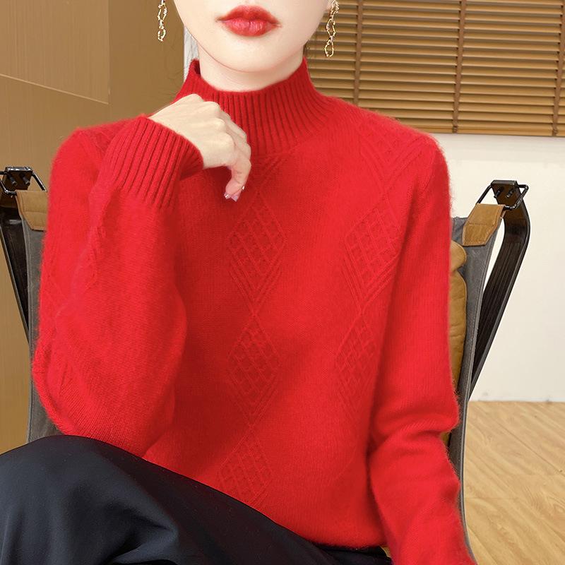 Women's Diamond Pattern Wool Pullover - Semi-High Neck, Thick, Autumn/Winter Knit